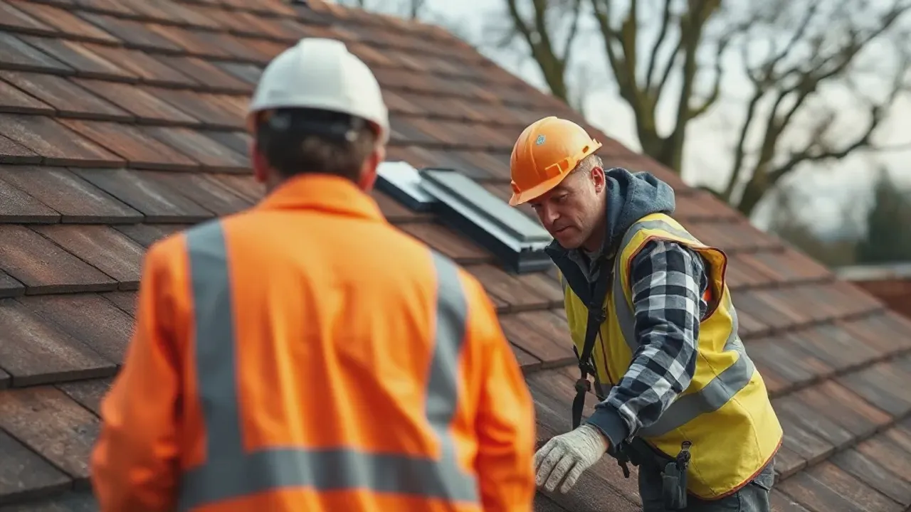 Two professionals working on Re-roofing and roof replacement near Leatherhead